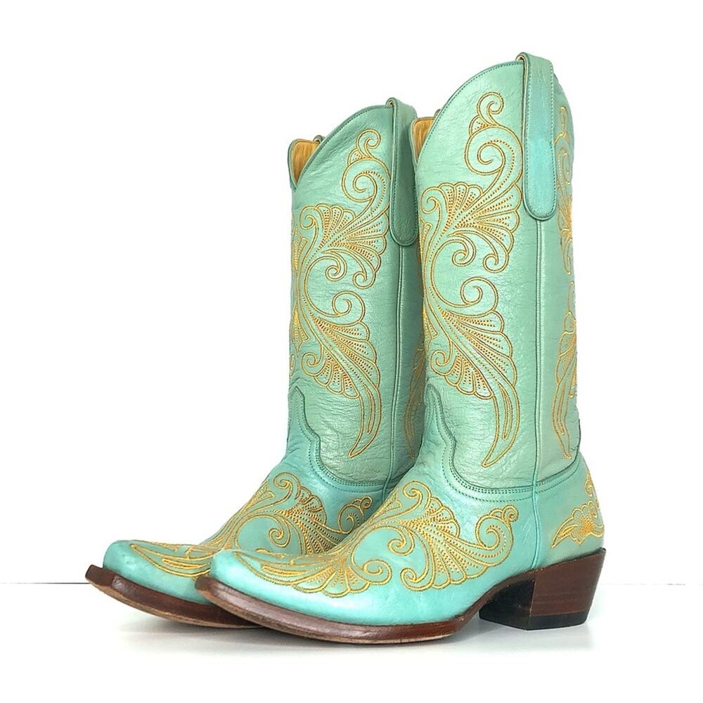 Vintage Old Gringo Turquoise Gold Stitching Snip Toe Western Cowgirl Boots 7.5